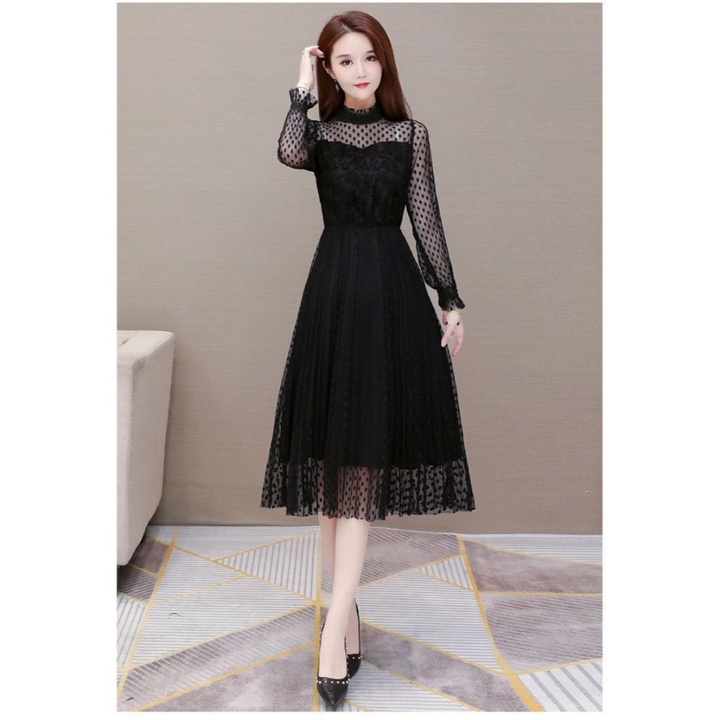 Tulle Dress Pleated Skirt Sheer Stand Up Collar Neck  - Gaun Pesta Tile Bulu Warna Hitam Motif Polka