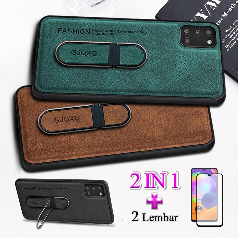 2 In 1 Case For Samsung Galaxy A31 Casing Ponsel Kulit Premium Dengan Standing Ring Holder Dan Film 
