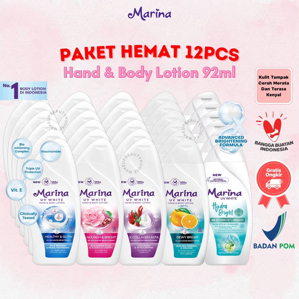 [PAKET 12PCS] MARINA Hand Body Lotion UV White 92ml - Nourish & Bright / Healthy & Glow / Dewy Brigh