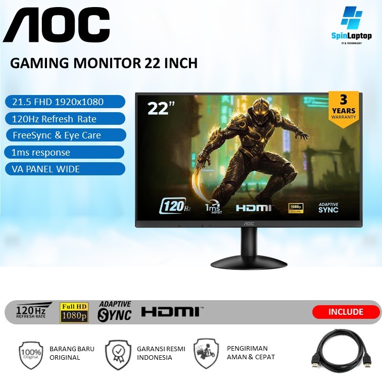 AOC LED GAMING MONITOR 22 INCH | VA FHD 1080P 1MS 100HZ HDMI+VGA -22B30HM2