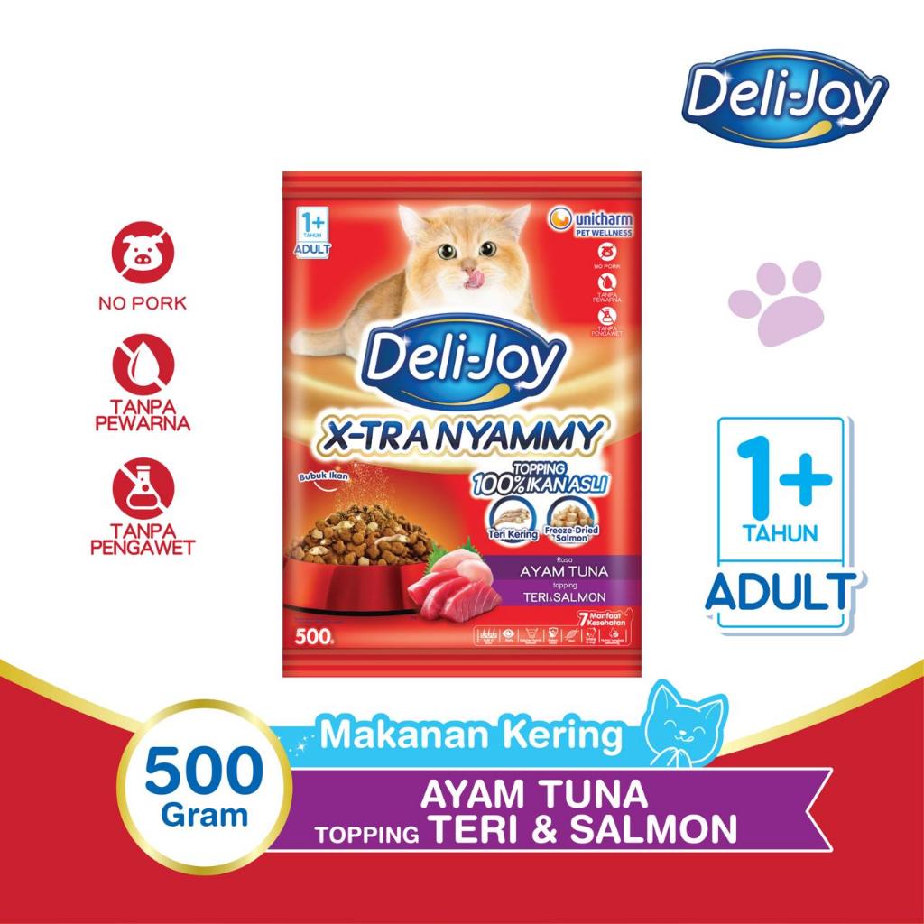 Deli-Joy Makanan Kucing Kering Adult Ayam Tuna Topping Teri & Salmon 500g - 6 Packs