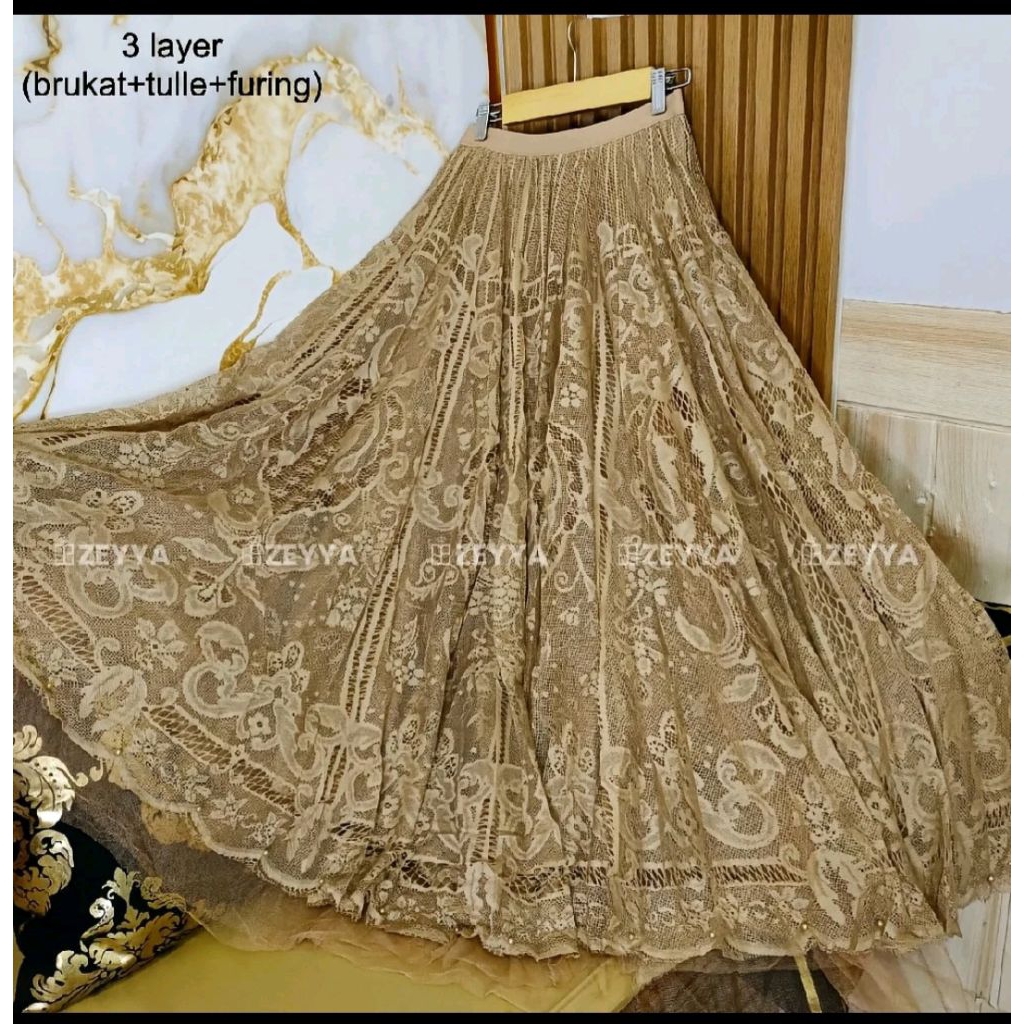 CANTIKA JELITA MOLEK ROK BRUKAT BROKAT IMPORT PREMIUM FLARE TUTU PANJANG MAXI TILE TULE RENDA Wanita