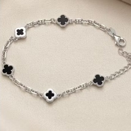 Gelang Motif Five Clover Black. Rantai cd  Perak 925 Asli