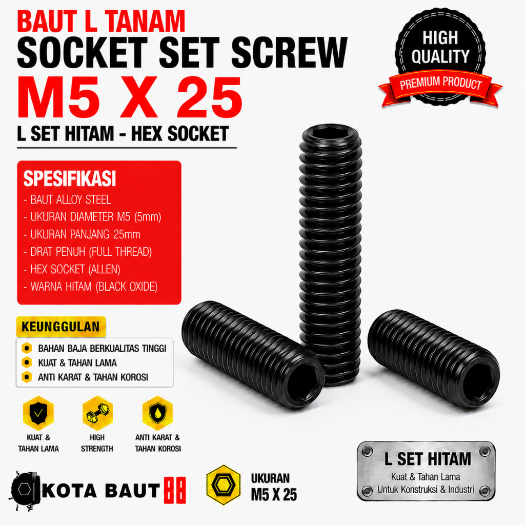 Baut L Tanam M5X25 / L Set 5X25 / Baut Tanam L M5 X 25 / L Set Hitam 5 X 25  - Socket Set Screw Blac