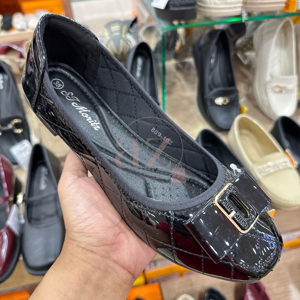 St. Moritz sepatu casual sekolah kerja wanita flat shoes glossy berkilau hitam Maroon