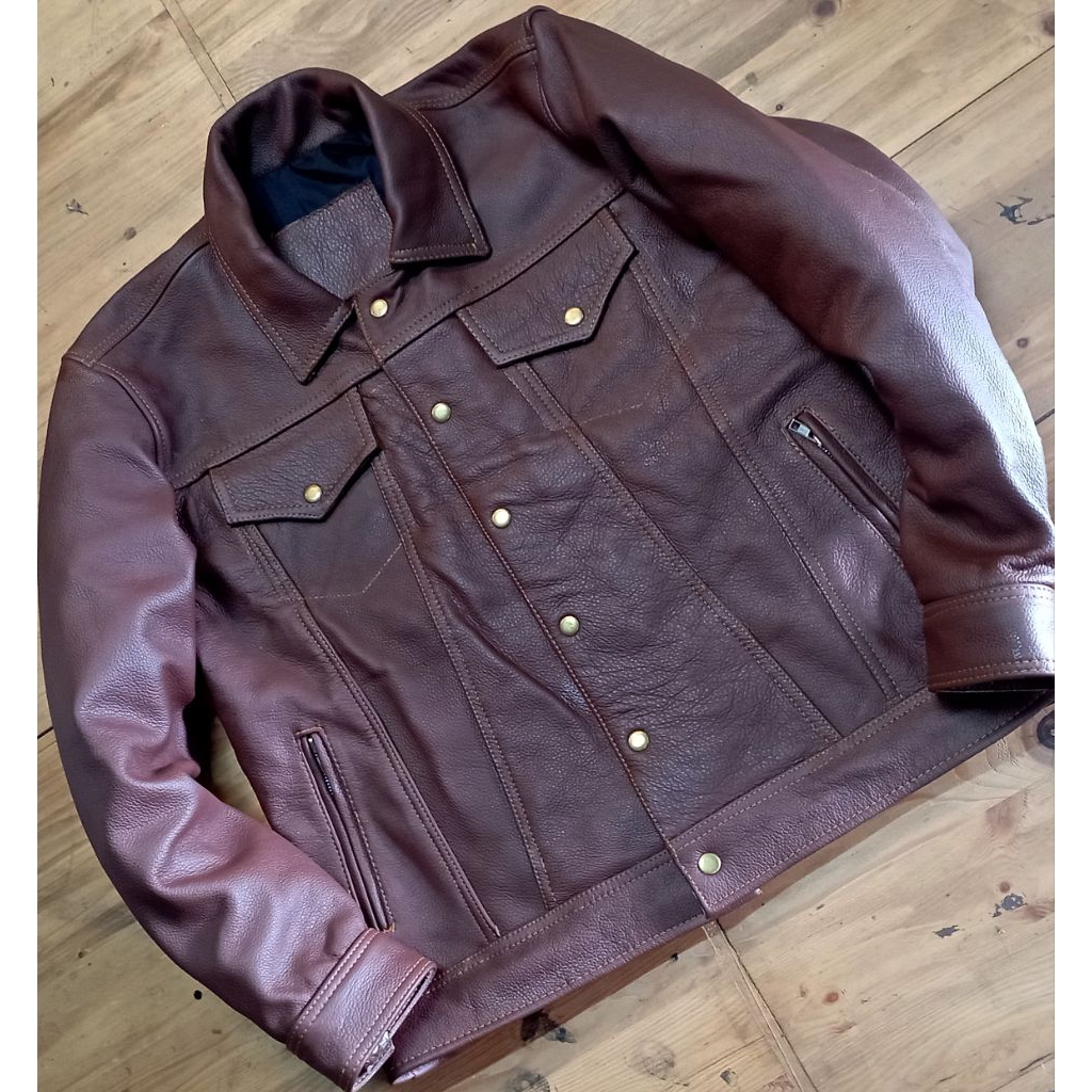 jaket kulit trucker tebal, lentur size L