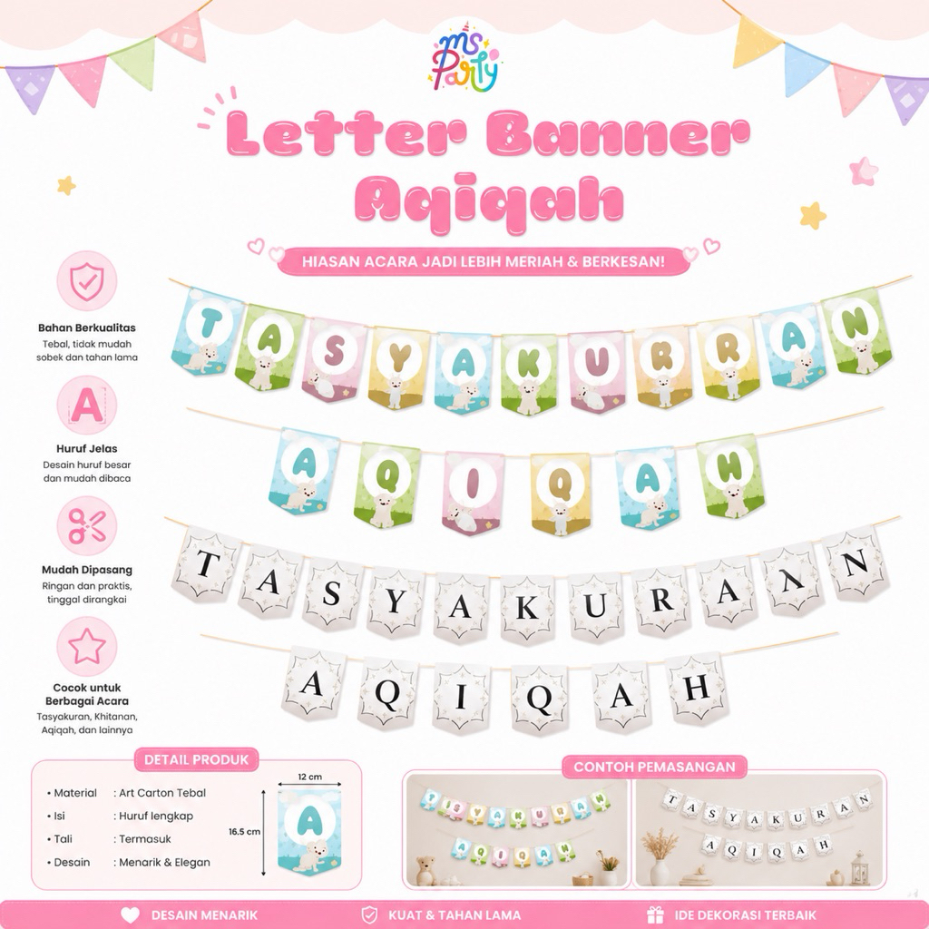 MS.PARTY LETTER BANNER TASYAKURAN AQIQAH/BANNER AQIQAH/BUNTING FLAG AQIQAH