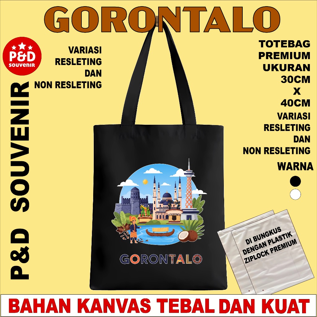 TAS TOTEBAG SOUVENIR OLEH OLEH GORONTALO (A) BAHAN KANVAS TEBAL DAN HALUS UKURAN 30X40CM
