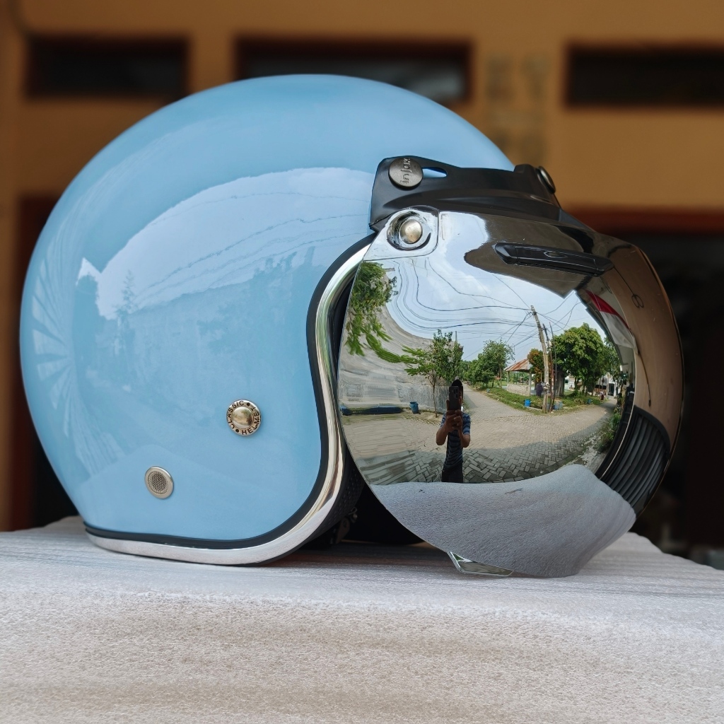 Helm Bogo Dewasa Warna Biru Langit Cerah dengan daleman busa kulit exelent  helmwanita  helmpria  he