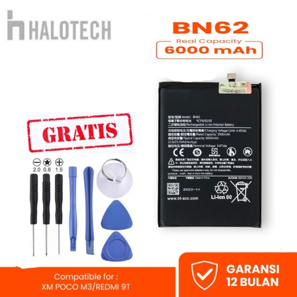 BATERAI BATRE POCO M3 | REDMI 9T BN62 ORI 6000mah ( Gratis Obeng )