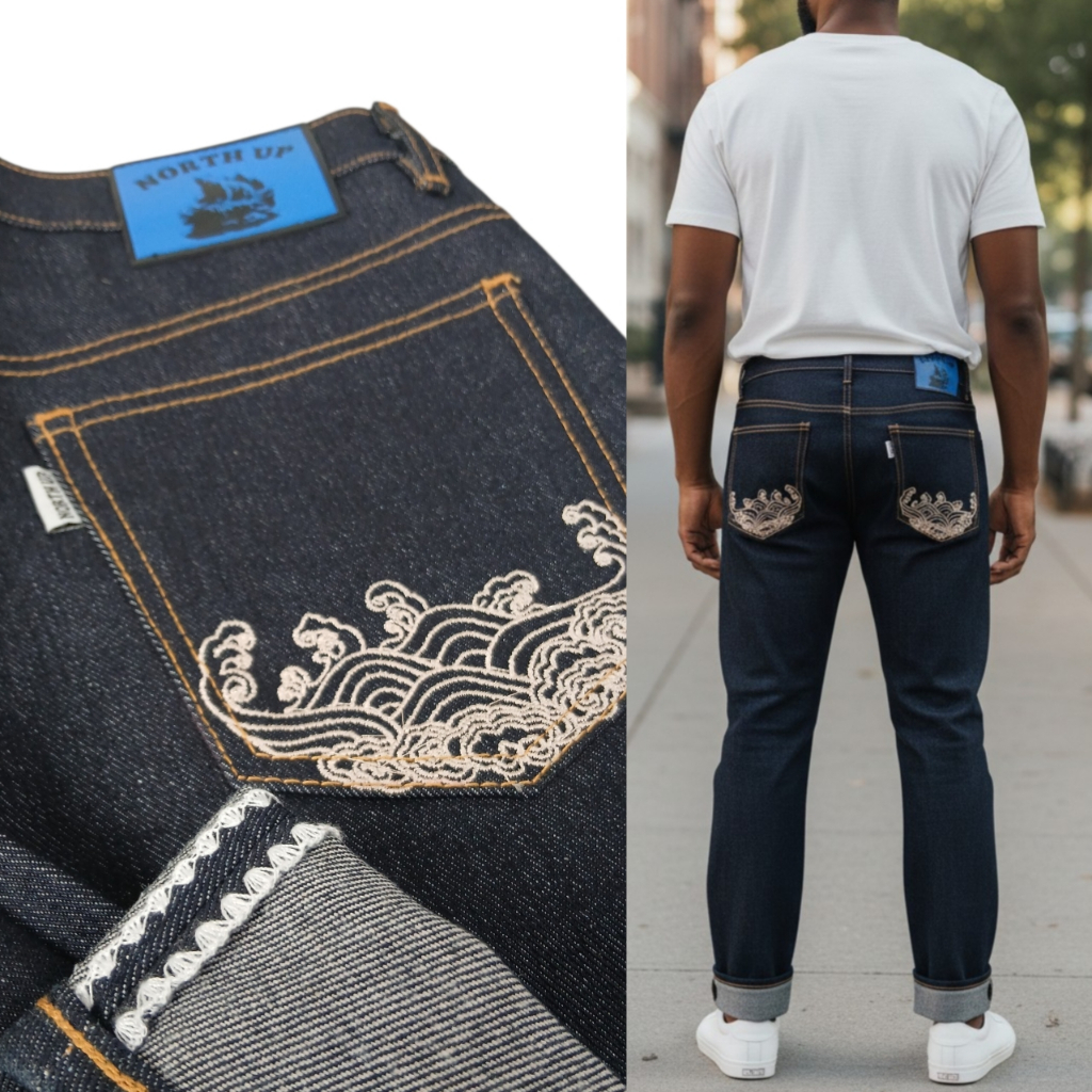 NORTH DENIM SELVEDGE Celana Denim Selvedge Pria Regular Fit Aksen Garis Merah Jahitan Zigzag Warna H