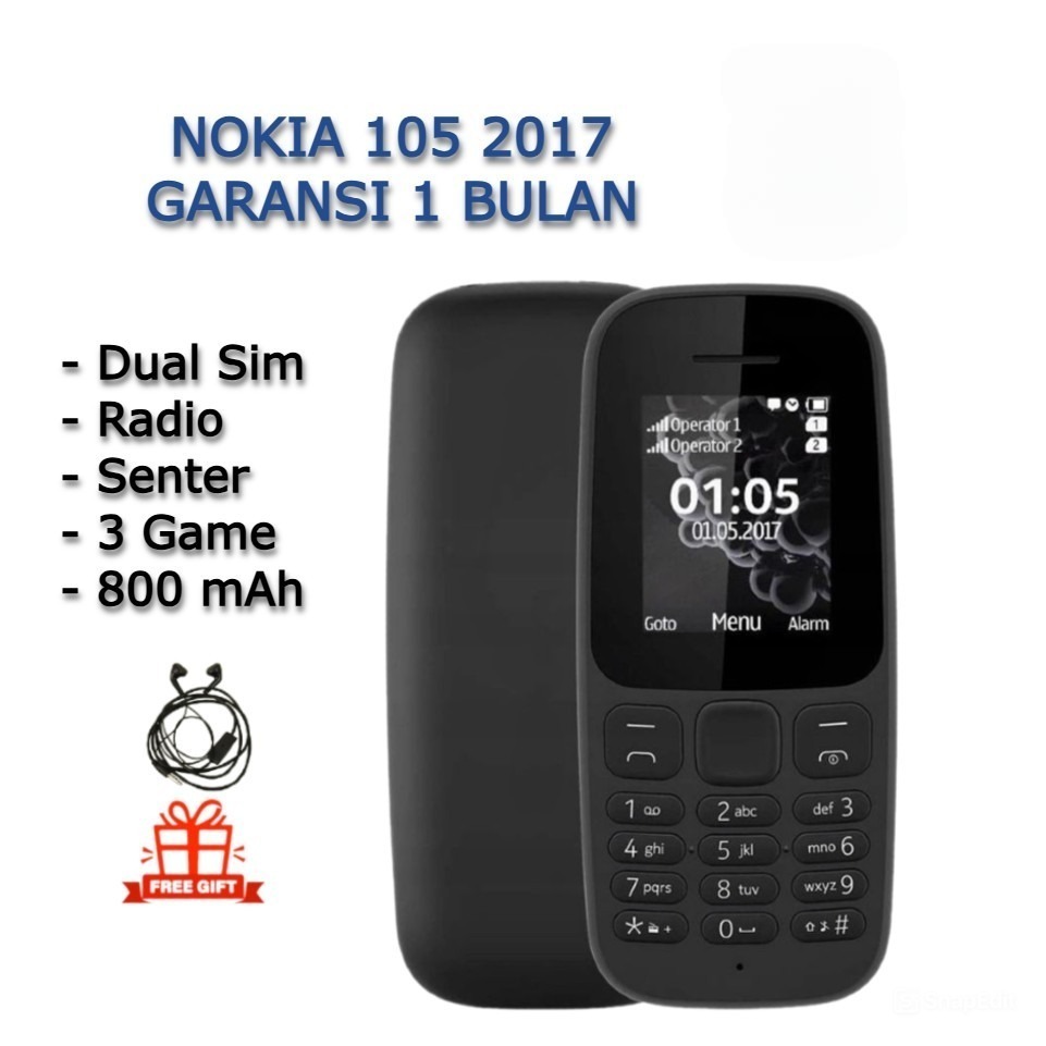 HP NOKIA 105 2017 BARU GARANSI 1 BULAN DUAL SIM RADIO SENTER GAME 800mAh