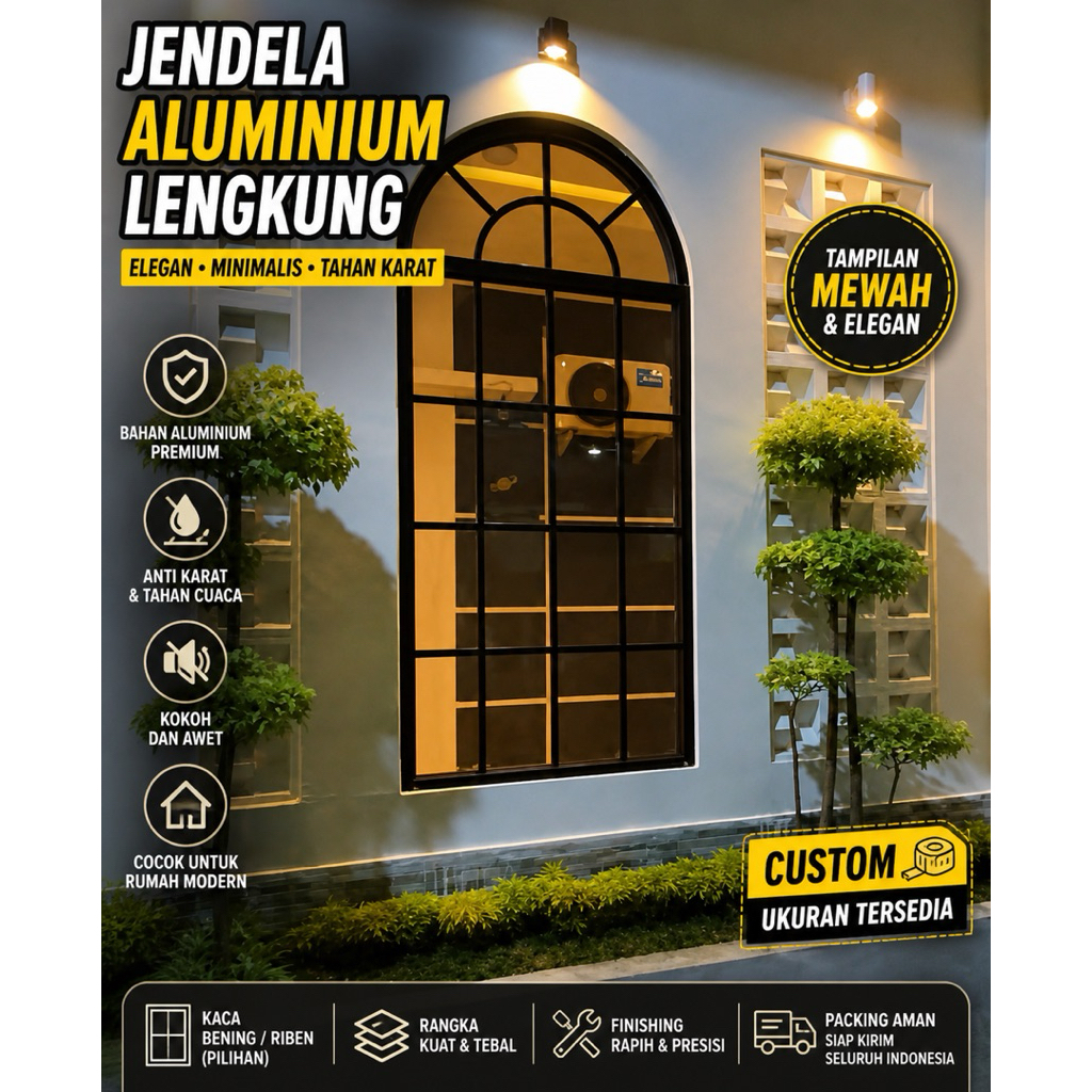 Jendela Aluminium Lengkung Kaca Mati Modern | Kusen Aluminium Premium Anti Karat Custom Ukuran
