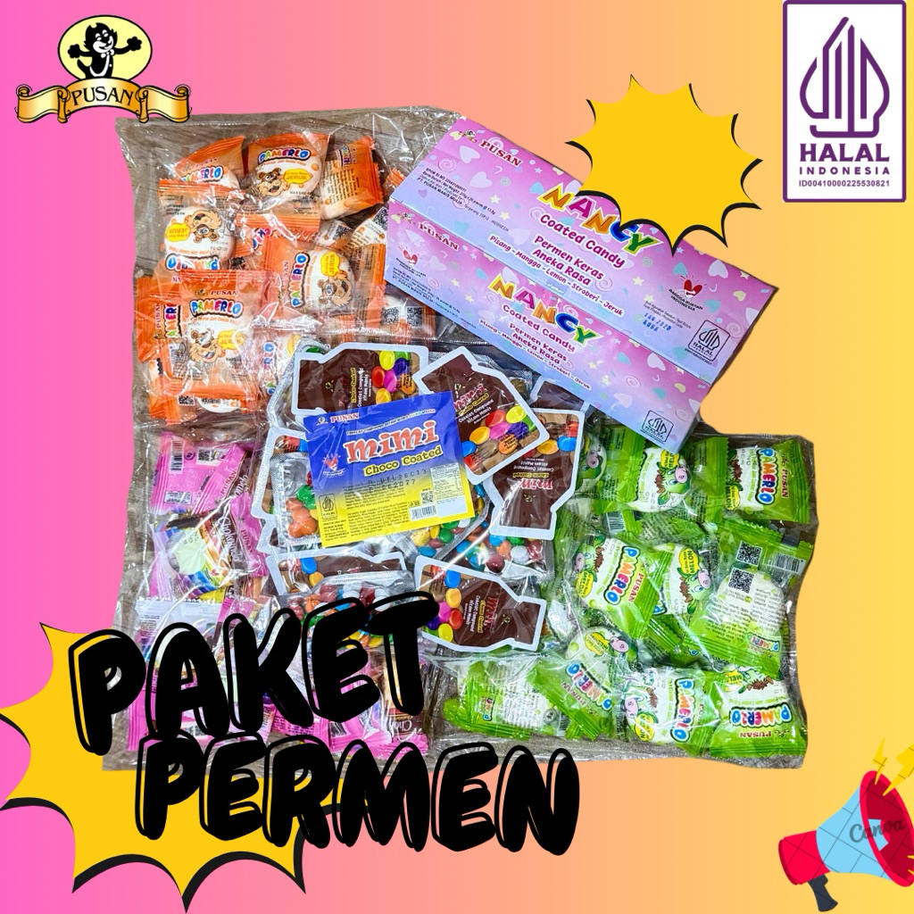 PAKET PERMEN COMBO ISI 5 VARIAN TOTAL 100pcs (PAMERLO SINGLE 2 RASA, CHOKOMELO, MIMI CHOCO BOTOL, NA