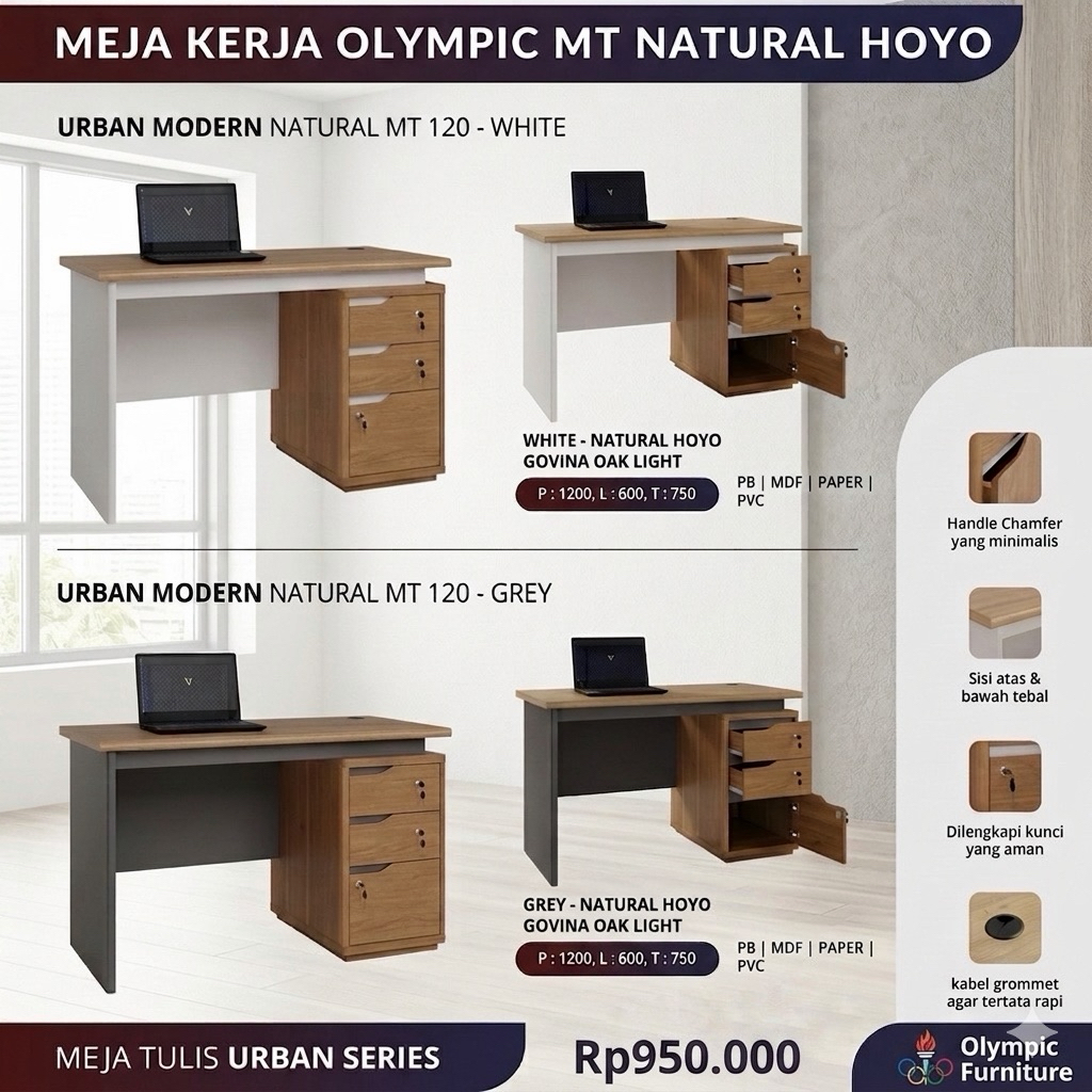 Meja Kerja Olympic MT URBAN NATURAL HOYO / Meja Tulis Olympic / Meja Belajar Olympic / Meja Laptop /