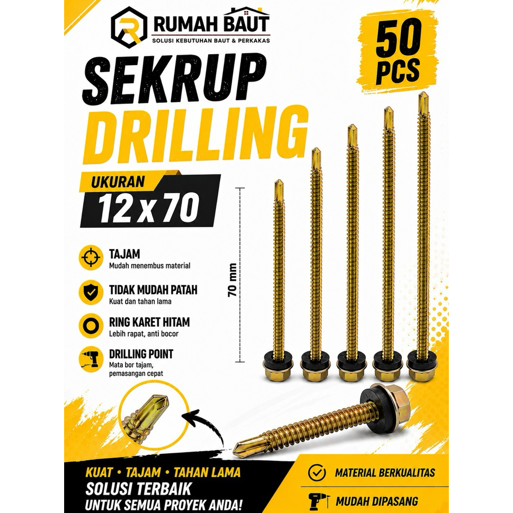 (50 PCS) Sekrup Roofing Kuning #12x70/ Hex Flange Self Drilling Screw  / Baut Baja Ringan 7 CM