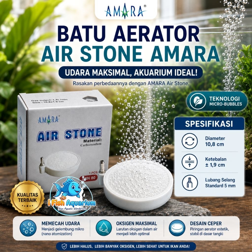 AMARA Batu Aerator Air Stone ASN 108 - Diameter 10,8 cm, Kebal 1,9 cm, Lubang Solong 5 mm, Teknologi