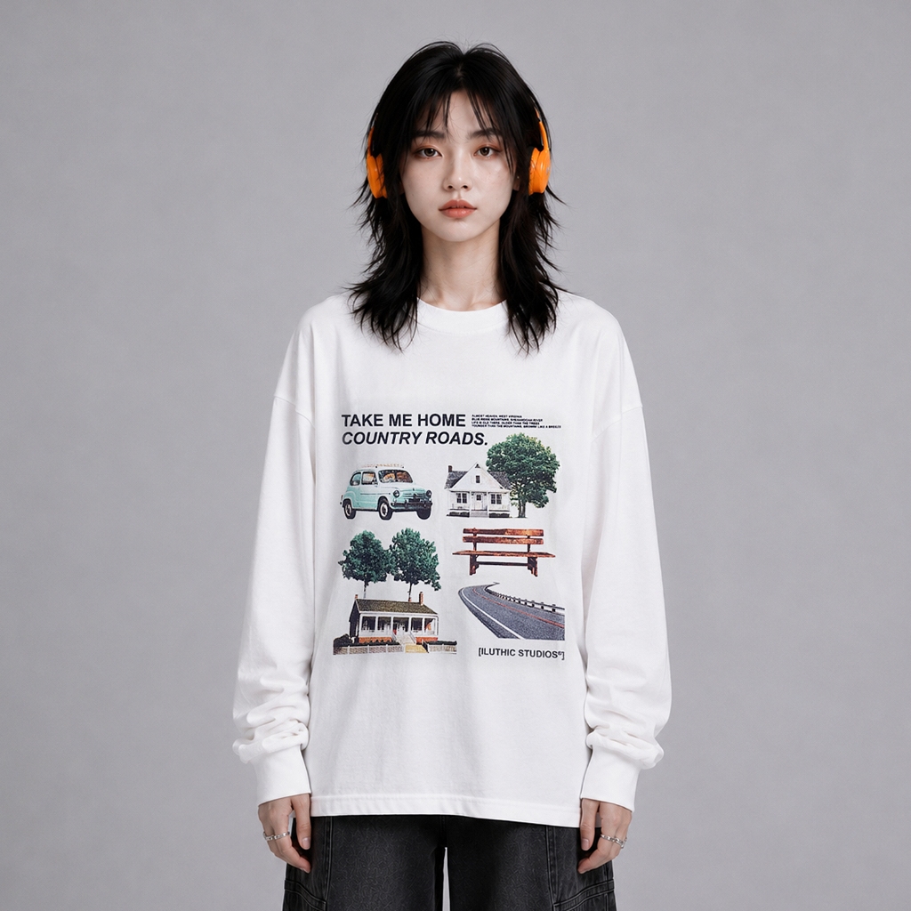 Iluthic - Country Roads Broken White Oversized Long Sleeves Tee