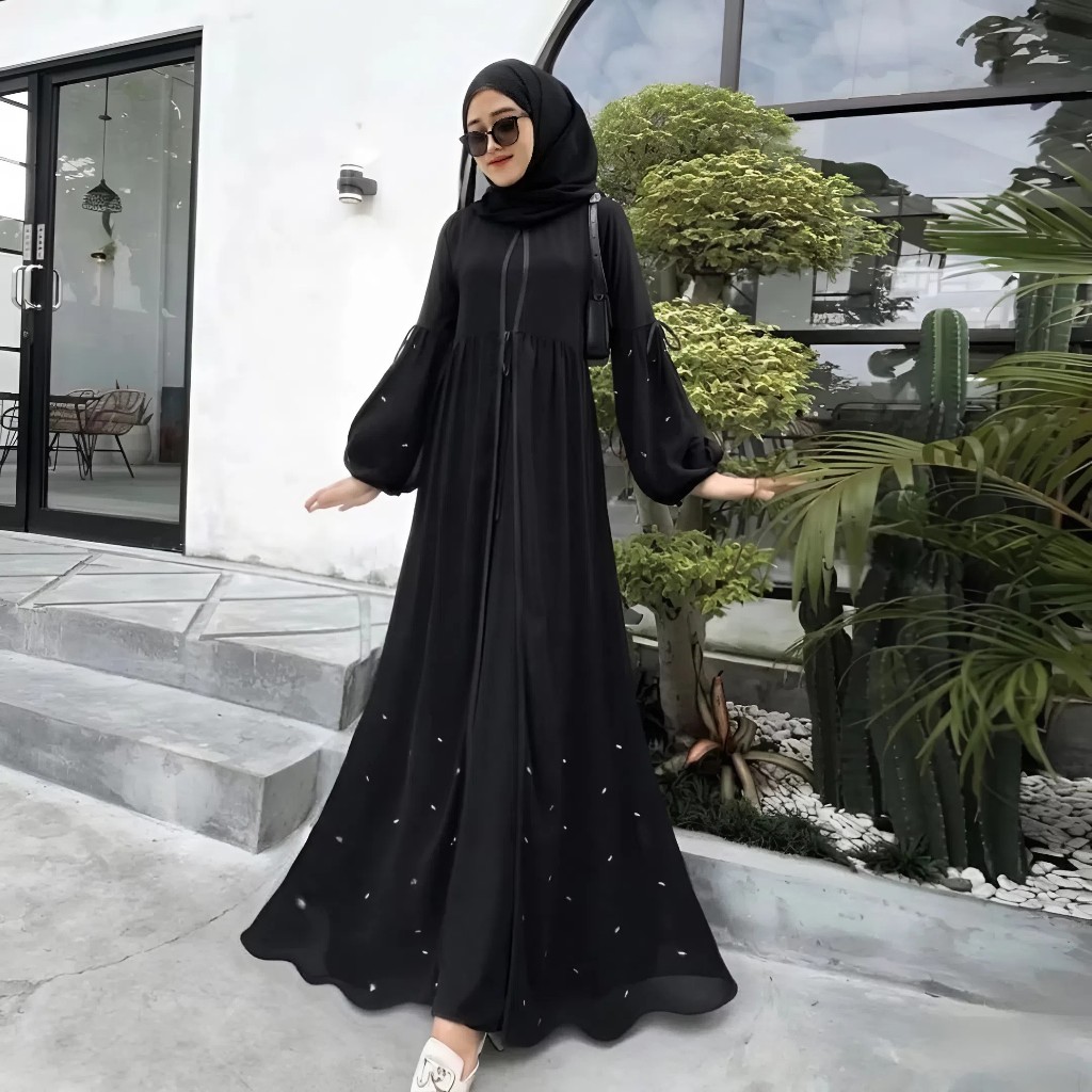 NADIRA ABAYA CERUTY BEBIDOL FUL PURING MODEL GAMIS LAYER APLIKASI PAYET MUTIARA DAN PITA GAMIS PESTA
