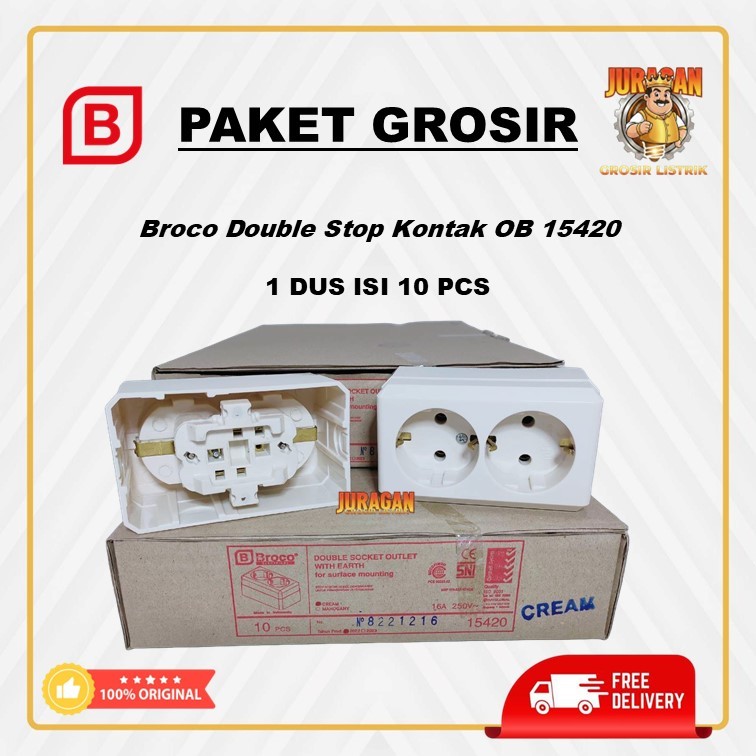 PAKET GROSIR 1 DUS ISI 10 PCS STOP KONTAK BROCO SEGI ARDE 2 LUBANG COLOKAN CREAM OB OUTBOW TEMPEL 15