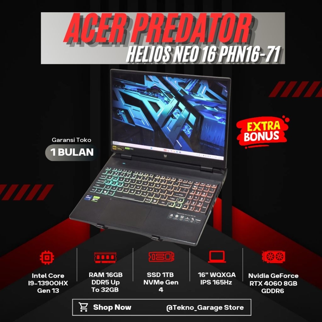 LAPTOP GAMING ACER PREDATOR HELIOS NEO 16 PHN16-71 CORE I9-13900HX RAM 16GB SSD 1TB NVIDIA RTX 4060 