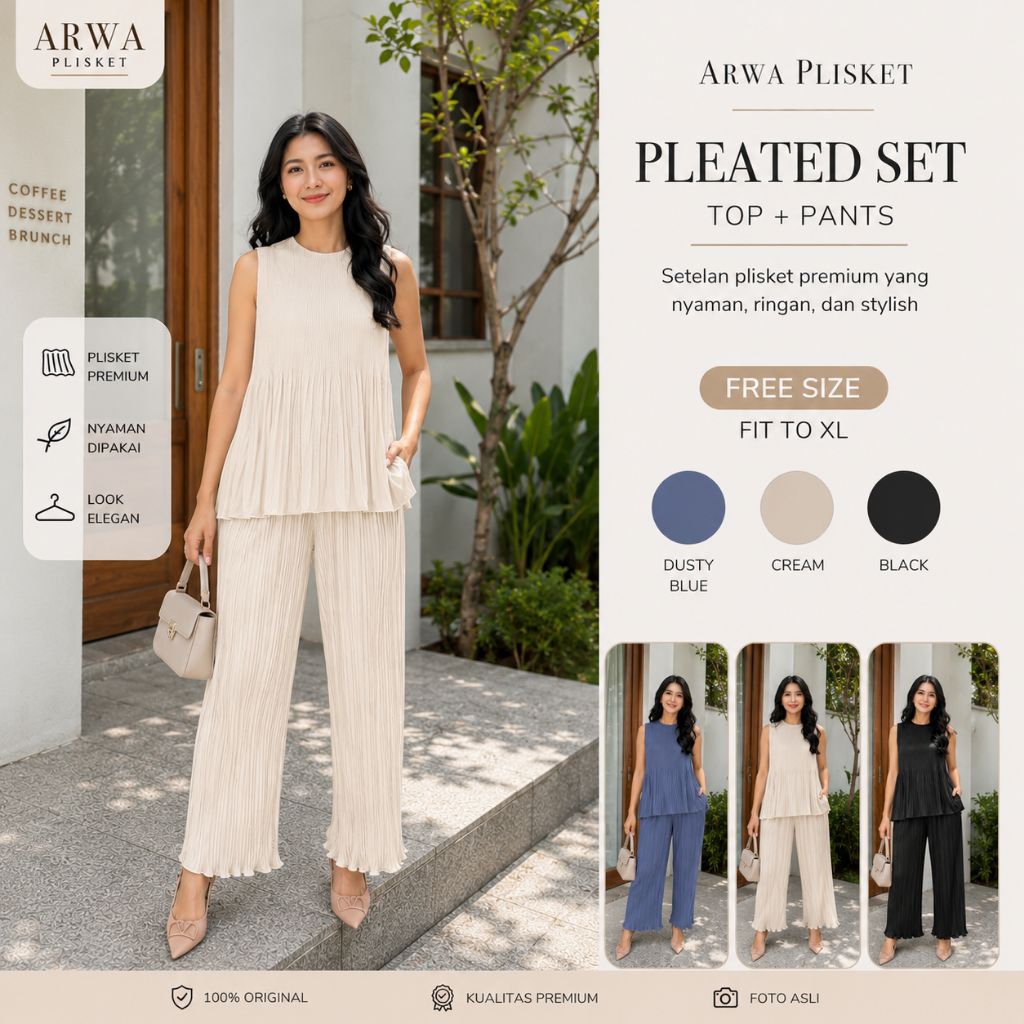 Setelan Plisket Wanita Arwa Plisket Premium | Pleated Set Top + Celana Kulot | All Size Fit XL