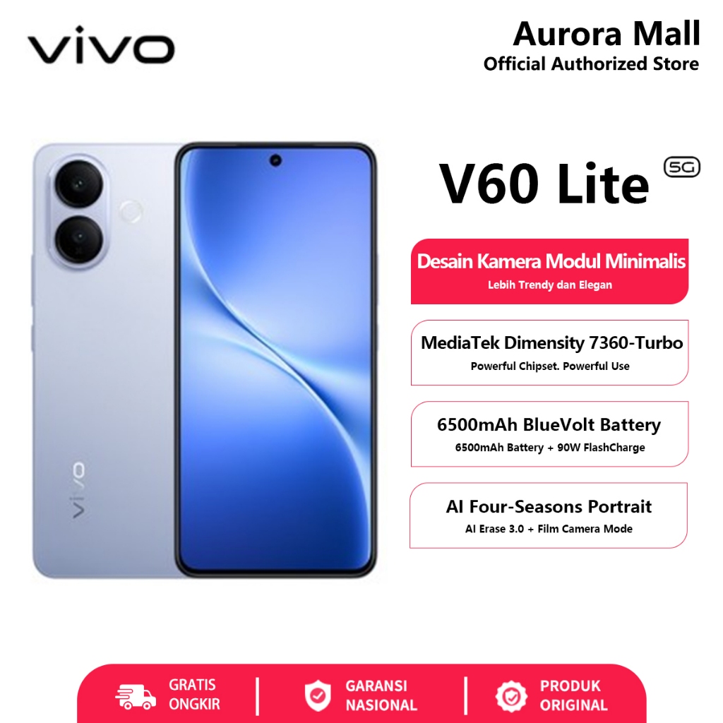 Vivo V60 Lite 4G/5G NFC 8/256GB 12/512GB 90W FlashCharge Garansi Resmi Hp Terbaru 2026 Ori Handphone