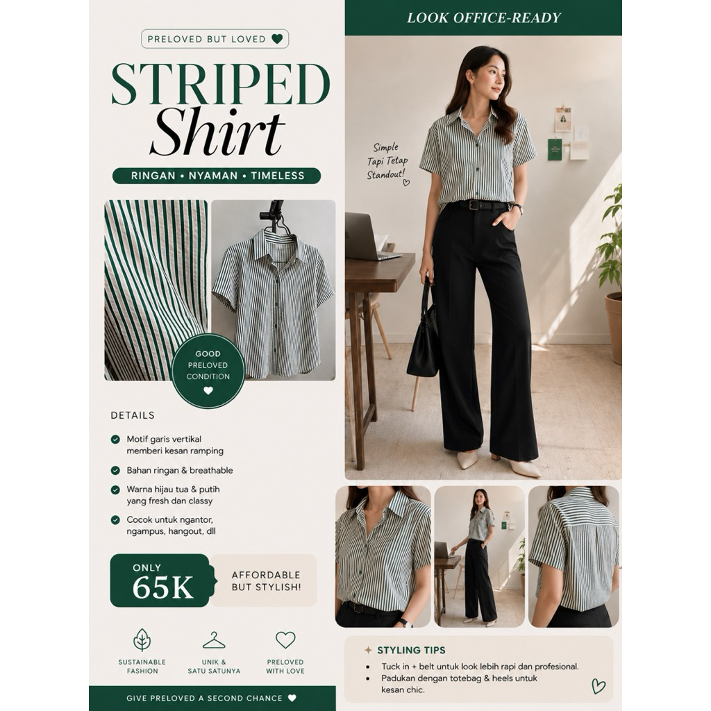 Kemeja Stripe Green, outfit kantor kemeja garis-garis hijau, kemeja cewek