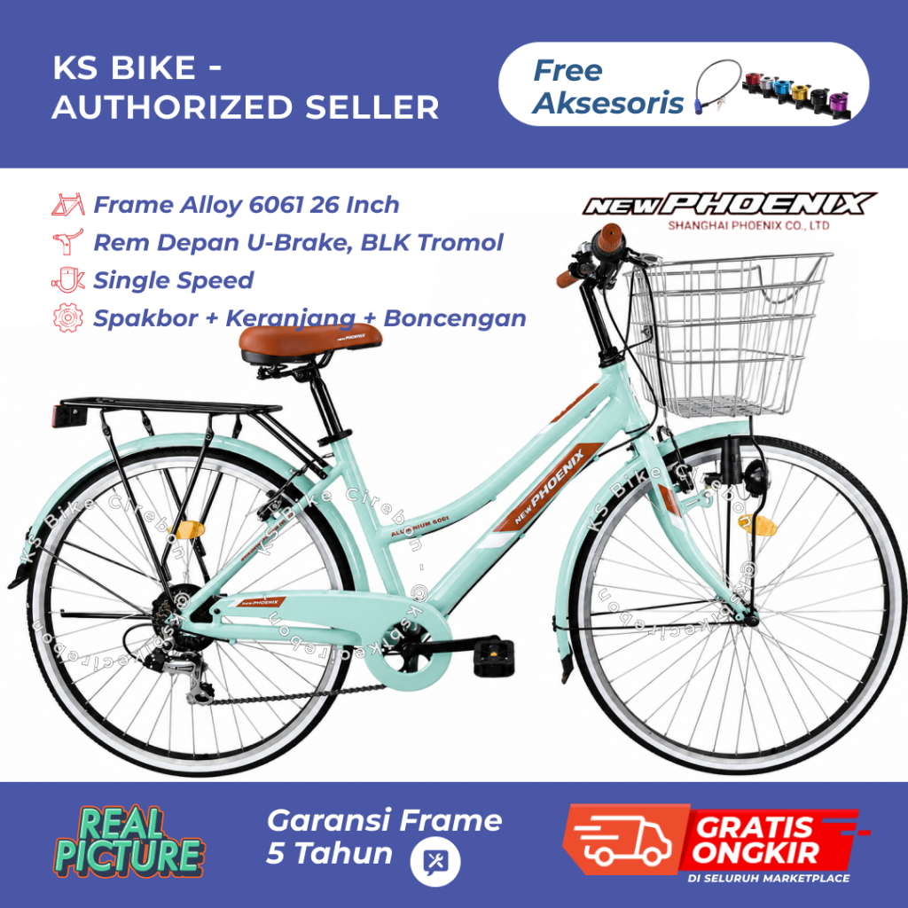 Sepeda CTB New PHOENIX NP 8860 AL 26 Inch 7 Speed Sepeda Kota Keranjang Besi City Bike Dewasa Rem V 