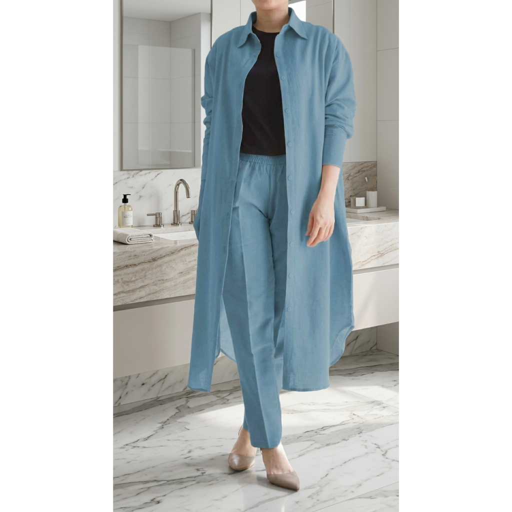 NADIYA//Setelan Long Tunik Wanita Terbaru Bahan Polo Linen Model Kekinian Lucia Set Linen One Set Ne