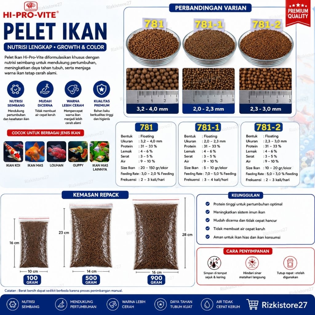 Pelet Hi Pro Vite 781 781-1 781-2 Repack 100gr 500gr 900gr Pakan Ikan Lele Nila Gurame Koi