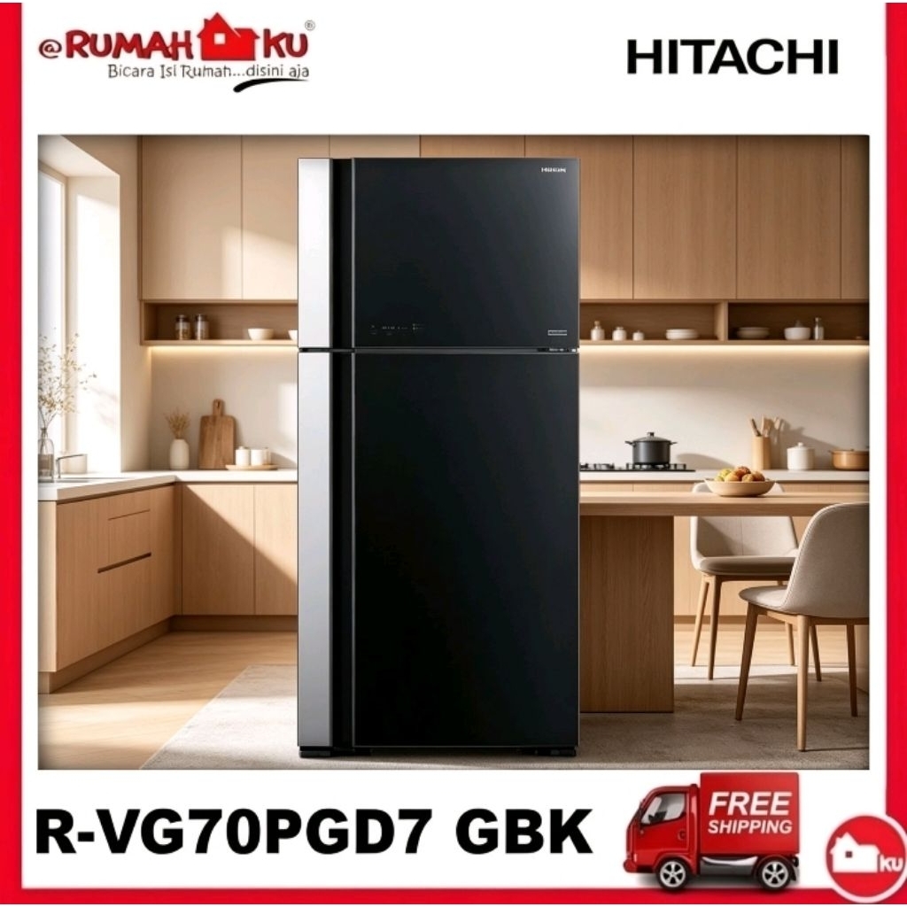 Hitachi Kulkas R-VG70PGD7GBK/Kulkas Top Freezer Big Glass Door Black Inverter