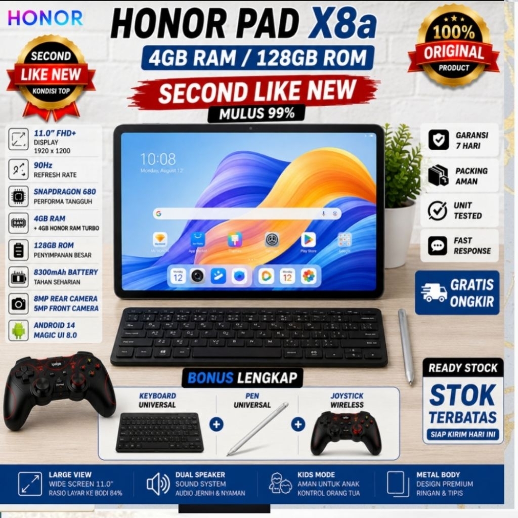 HONOR Pad X8a RAM 4 128GB Bekas Like New Bonus Keyboard Case Pen Universal Joystick