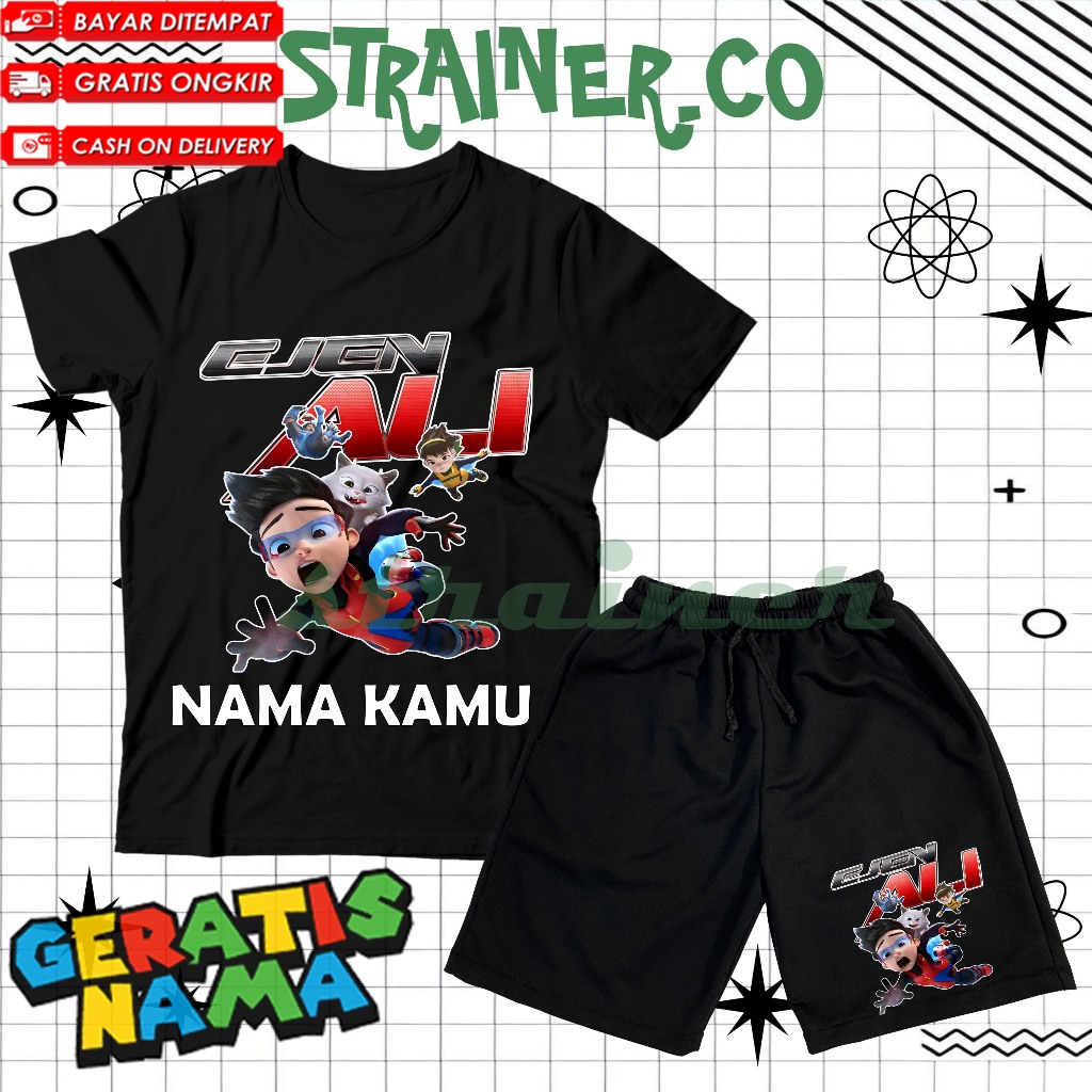 (BISA COD) Setelan Fashion Kaos Anak Baju Anak Celana Pendek Anak Ejen Ali Lucu Set Kaos Dan Celana 