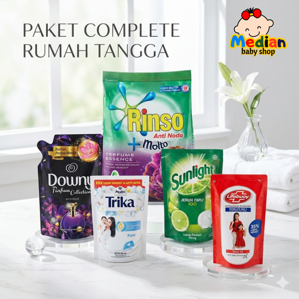 Paket Complete Sabun cuci RINSO/DAIA/SOKLIN/GENTLE GEN, Downy pewangi pakaian, Trika,Lifeboy Bodywas