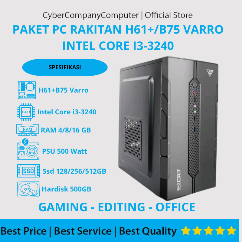 PC Rakitan Intel Core i3-3240 Motherboard H61+B75 Varro SSD Bulldozer 128/256/512 GB Hardisk 500 Ram