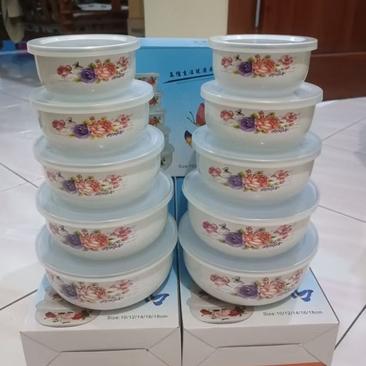 (satu set) TT Rantang Susun Mangkuk Stainless Steel Motif Bunga 5 PCS - Praktis & Mudah Dibersihkan 