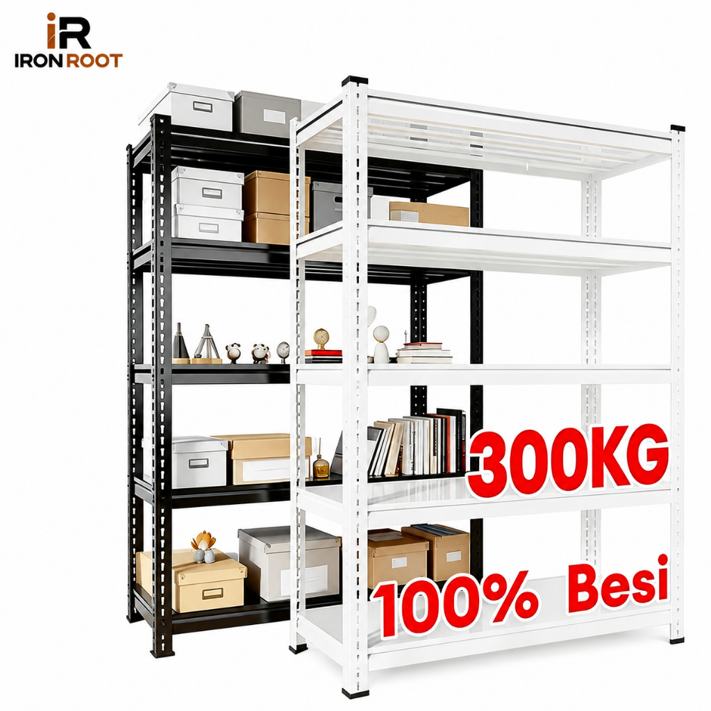 IRONROOT Rak Besi Siku 5 Susun Rak Susun Serbaguna Rak Besi Susun 4 Tingkat Rak Gudang 100% Besi