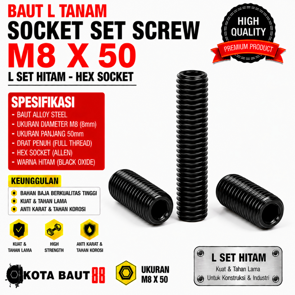 Baut L Tanam M8X50 / L Set 8X50 / Baut Tanam L M8 X 50 / L Set Hitam 8 X 50  - Socket Set Screw Blac