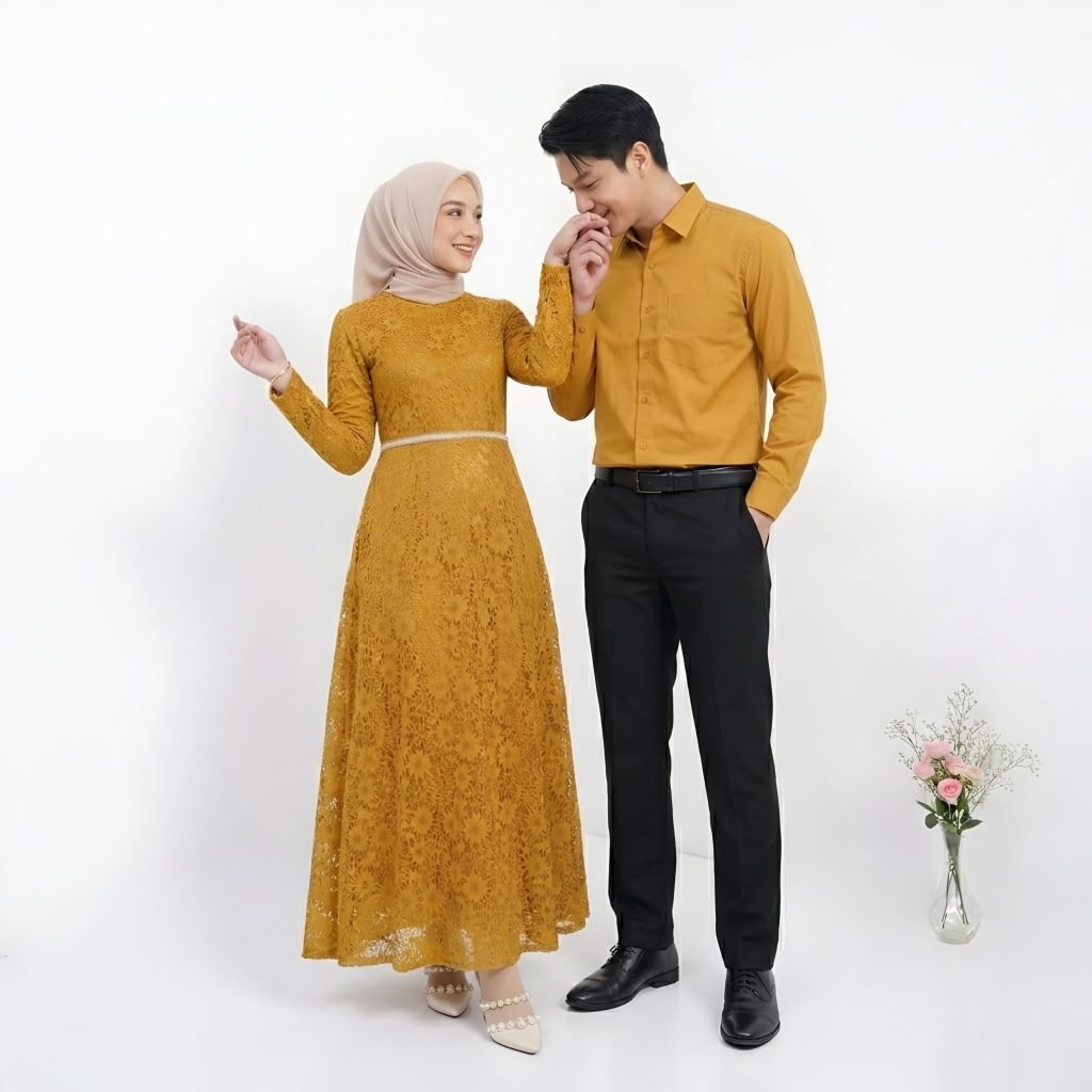 Couple Gamis Brokat Camila Baju Pesta Pasangan Suami Istri Serasi Couple Dress Muslim + Kemeja Cl