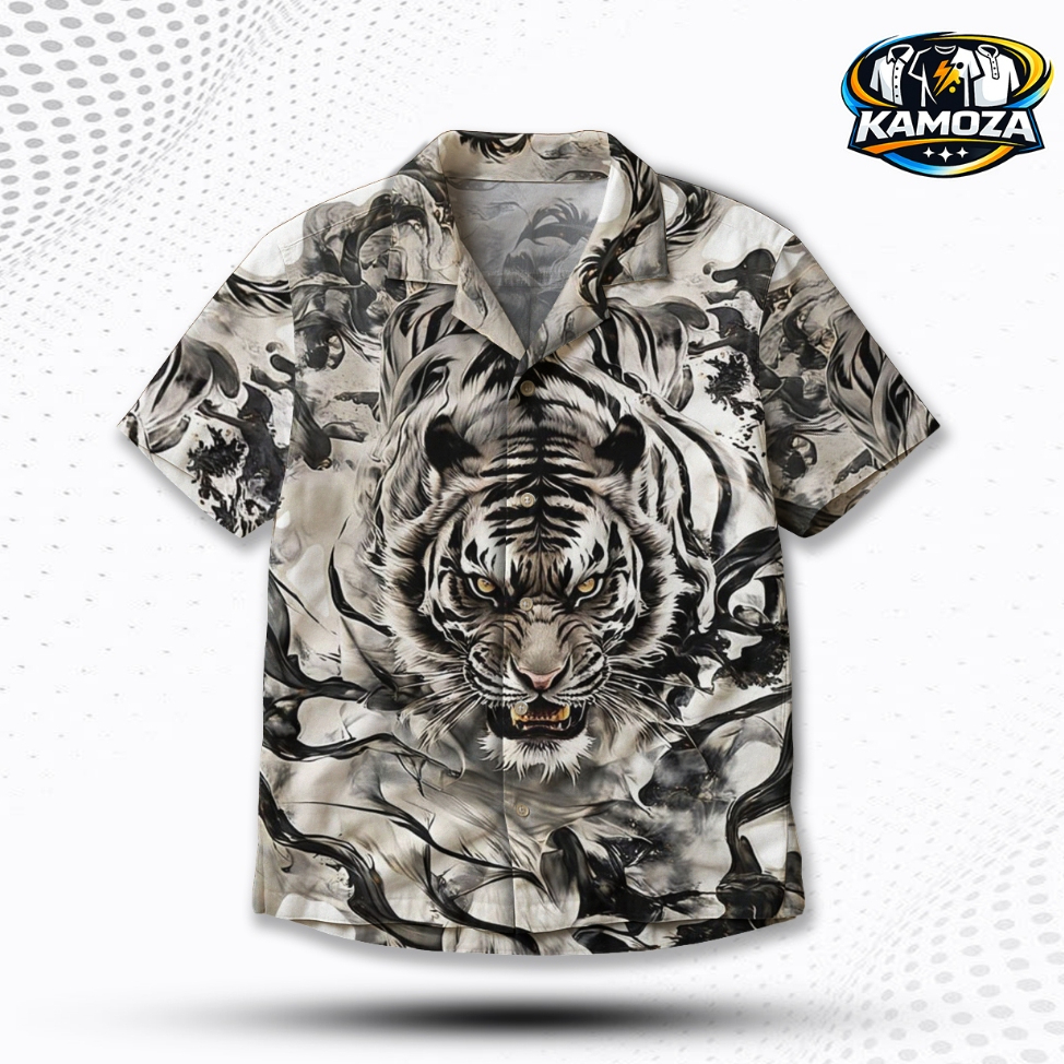 KAMOZA Kemeja Full Print Motif Tiger Macan Putih White Smoke Asap Art Hitam Putih – Atasan Kemeja Fa