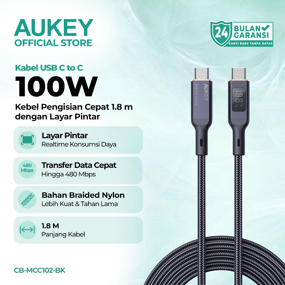 AUKEY Kabel Charger USB C 100W LCD Display Type C Fast Charging Laptop MacBook iPhone Samsung CB-MCC