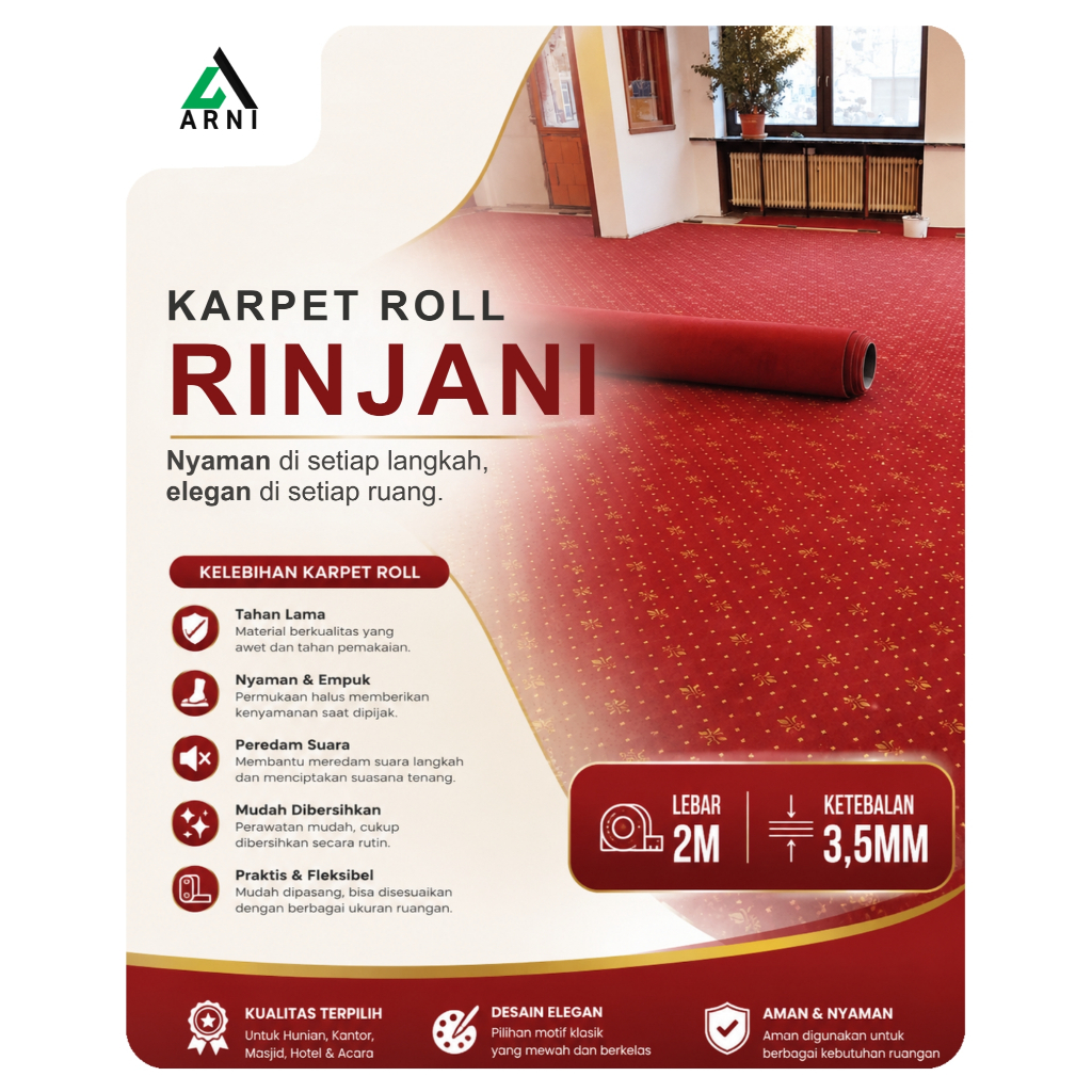 Karpet Roll Rinjani – Karpet Lantai Meteran Tebal Empuk untuk Masjid, Kantor & Hotel