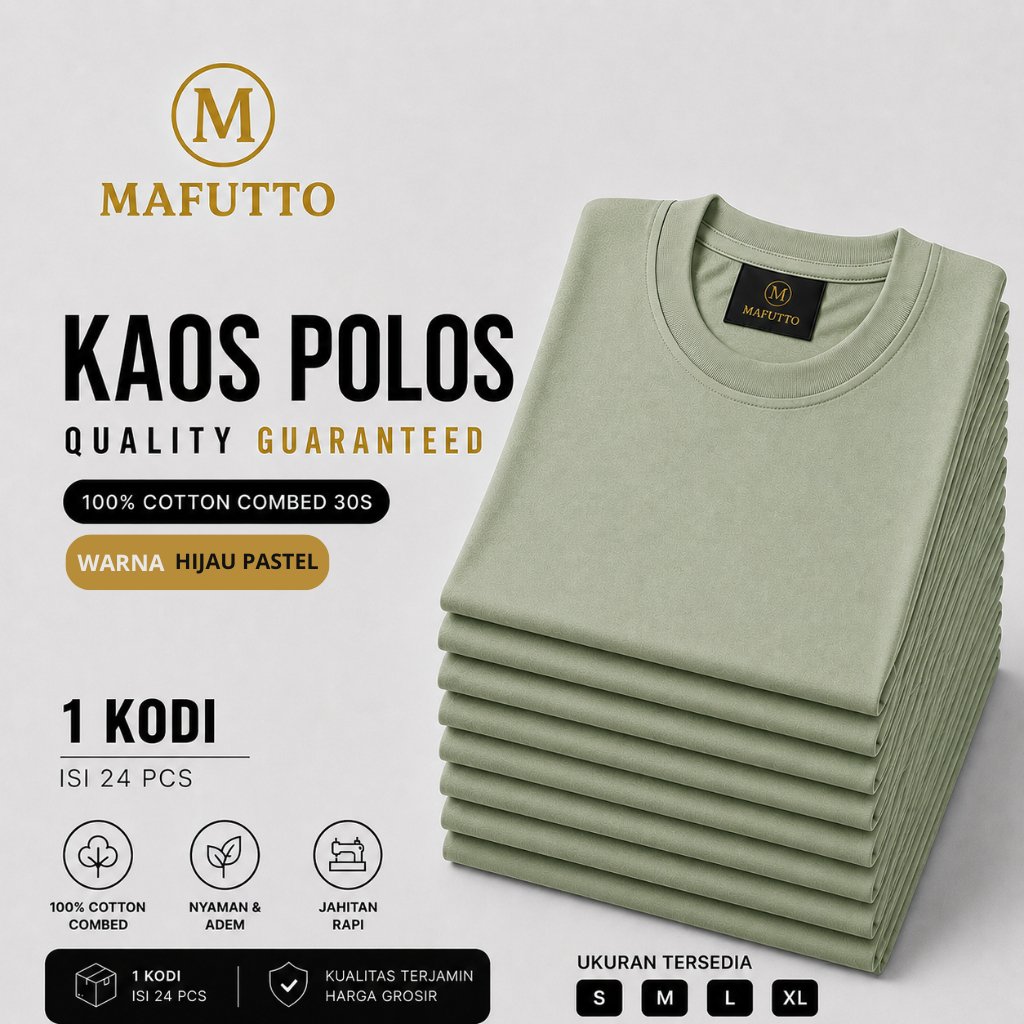 MAFUTTO Kaos Polos Unisex Cotton Minimalist Lengan Pendek - hijau pastel keabu-abuan. 1 kodi 24pcs