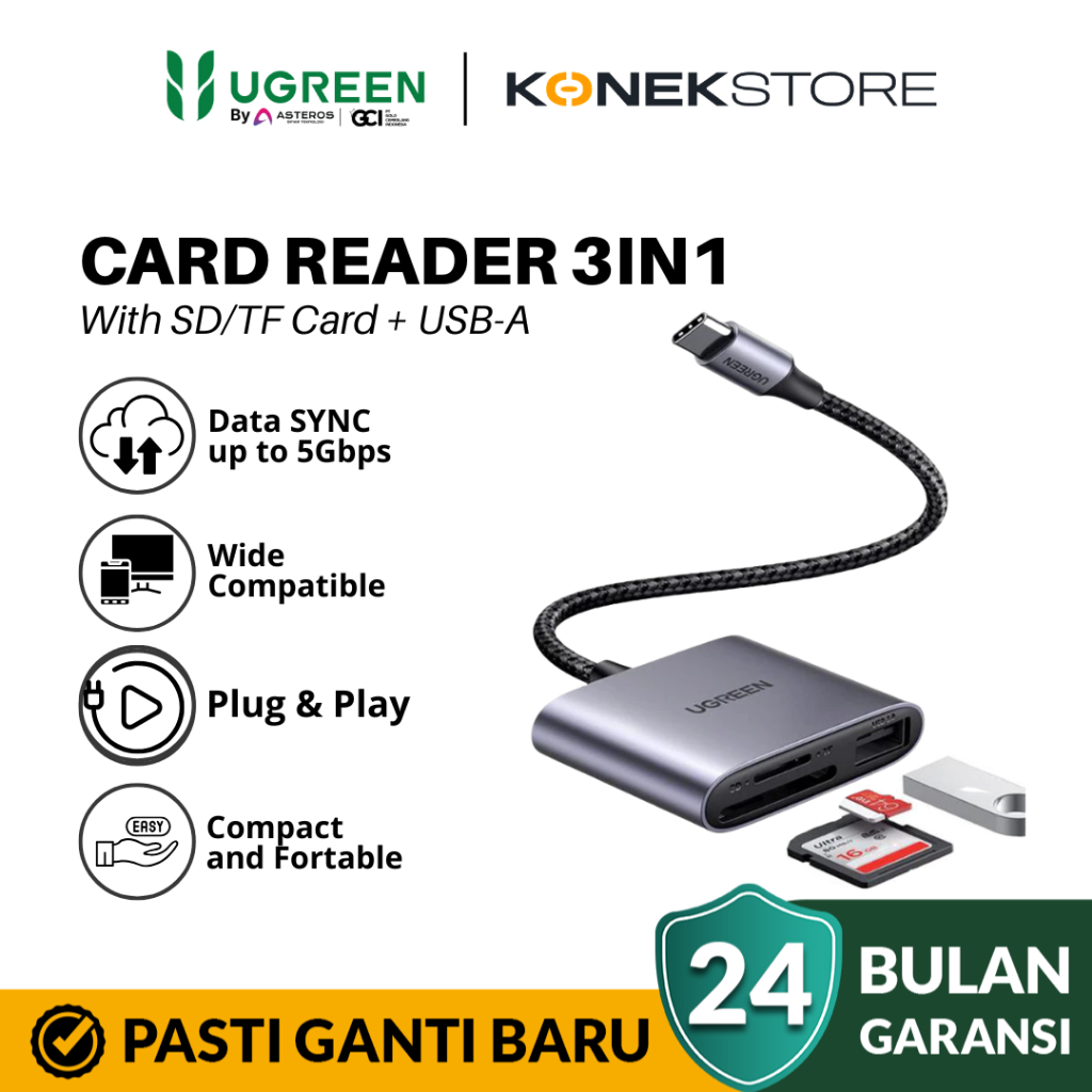 Ugreen Card Reader 3in1 Type C To USB A 2.0 SD/TF Card HP Laptop Macbook