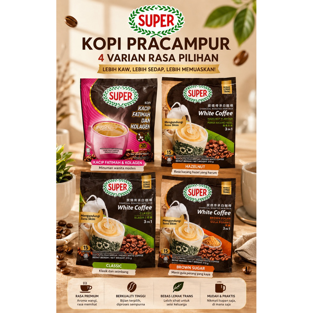 Kopi Pracampur SUPER White Coffee Instant 3in1 Minuman Kopi Kacang Hazelnut Klasik Kolagen Brown Sug