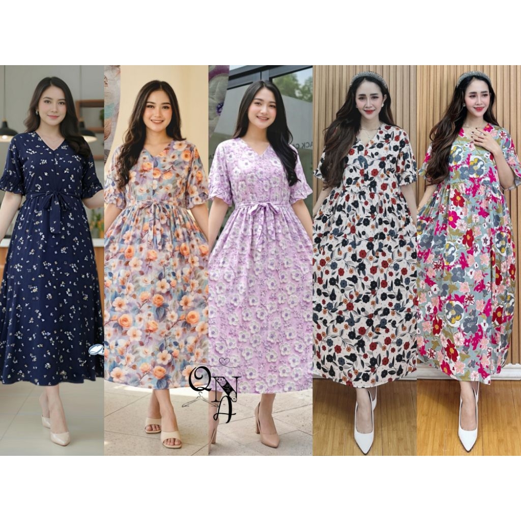 Dress Rayon Busui V Neck Daily Dress Busui Resleting Midi Dress Lengan Rempel Motif Viral Kekinian T