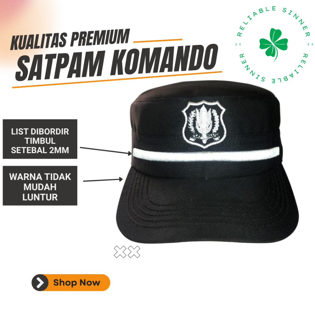 topi satpam komando bordir premium (timbul) bahan tebal anti lepek, warna coklat dan hitam