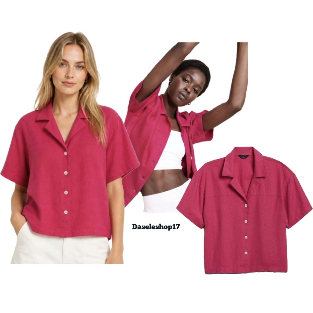 Atasan-kemeja Linen Blend BnnRepubl*ck lengan pendek wanita