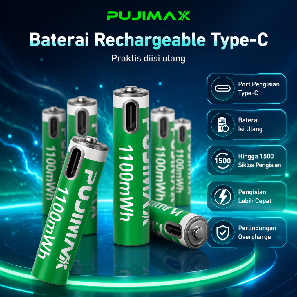 PUJIMAX Rechargeable Battery AA AAA with Type C Baterai isi ulang Lithium Battery